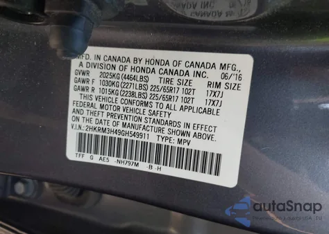 2016 Honda Cr-V Se из США, поврежденный, VIN 2HKRM3H49GH549911